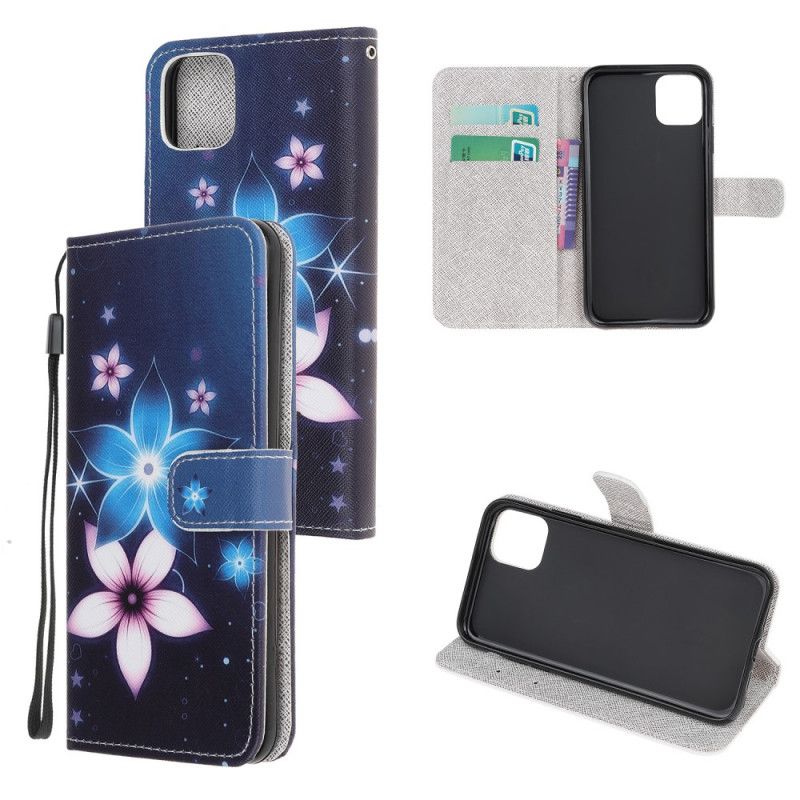 Leren Hoesje voor iPhone 12 Mini Maanbloemen Met String