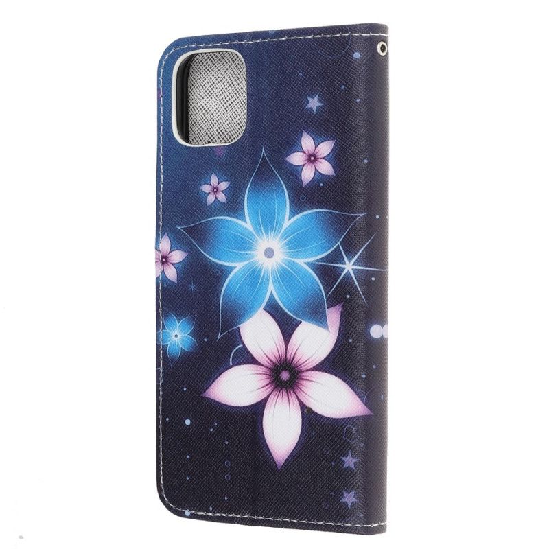 Leren Hoesje voor iPhone 12 Mini Maanbloemen Met String