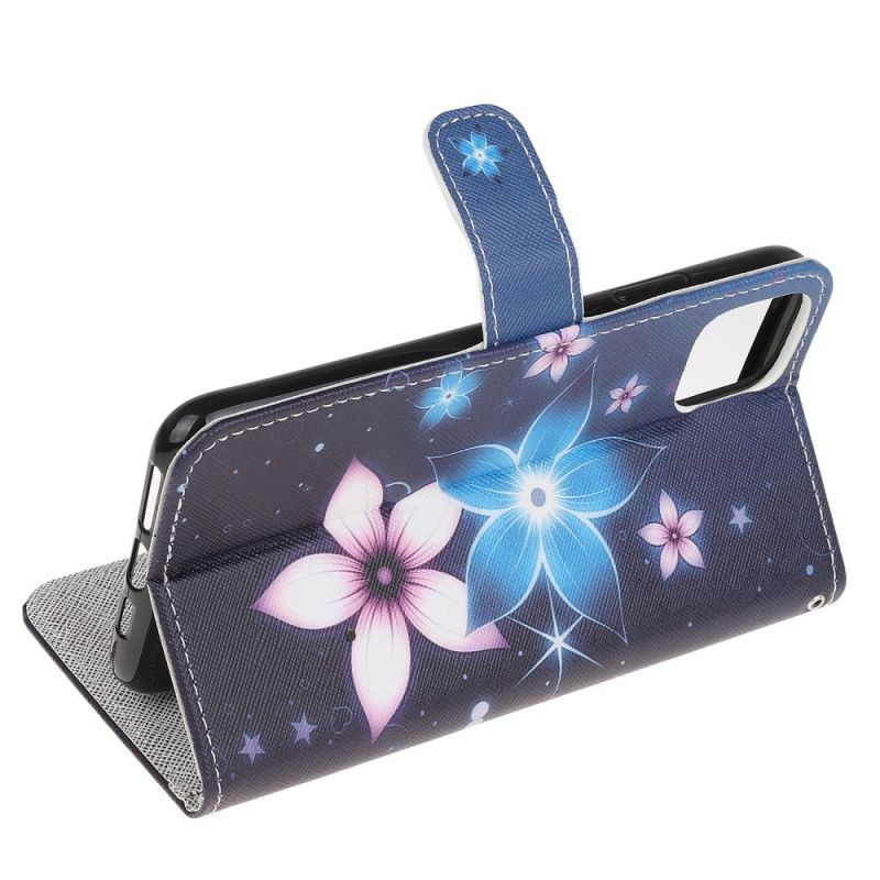Leren Hoesje voor iPhone 12 Mini Maanbloemen Met String