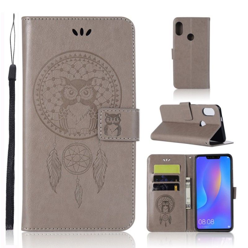 Leren Hoesje voor Honor 8X Cyaan Lichtblauw Uil Dromenvanger Met Leereffect