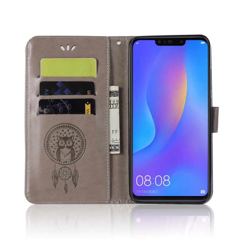Leren Hoesje voor Honor 8X Cyaan Lichtblauw Uil Dromenvanger Met Leereffect