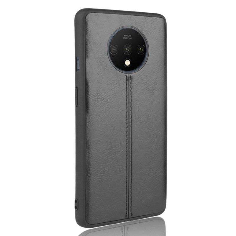 Hoesje voor OnePlus 7T Rood Zwart Stiksels In Leerstijl