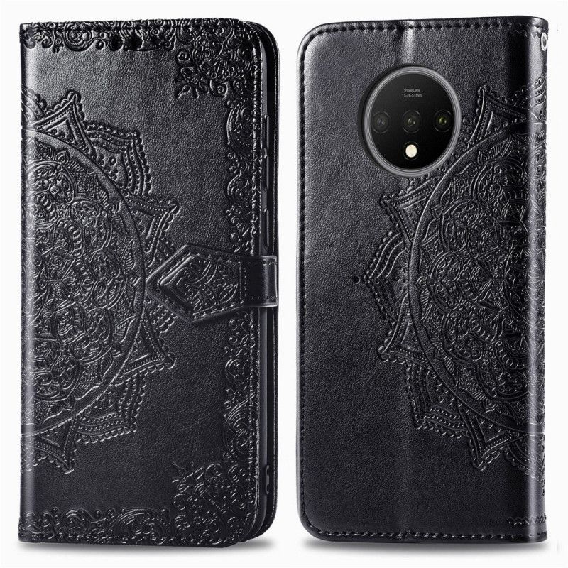 Leren Hoesje OnePlus 7T Grijs Zwart Mandala Van Middelbare Leeftijd