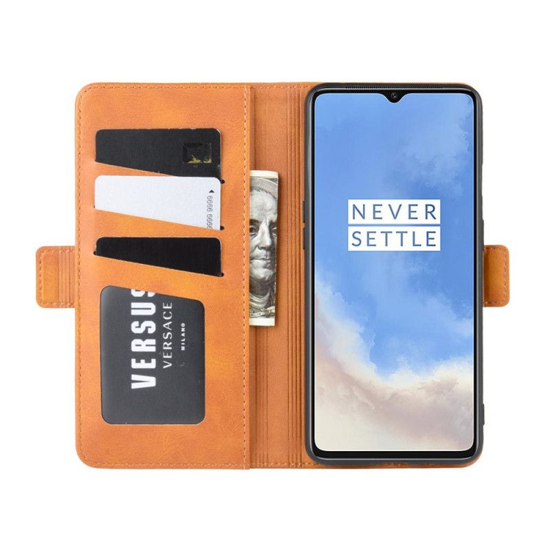 Leren Hoesje OnePlus 7T Rood Zwart Elegantie Leertextuur