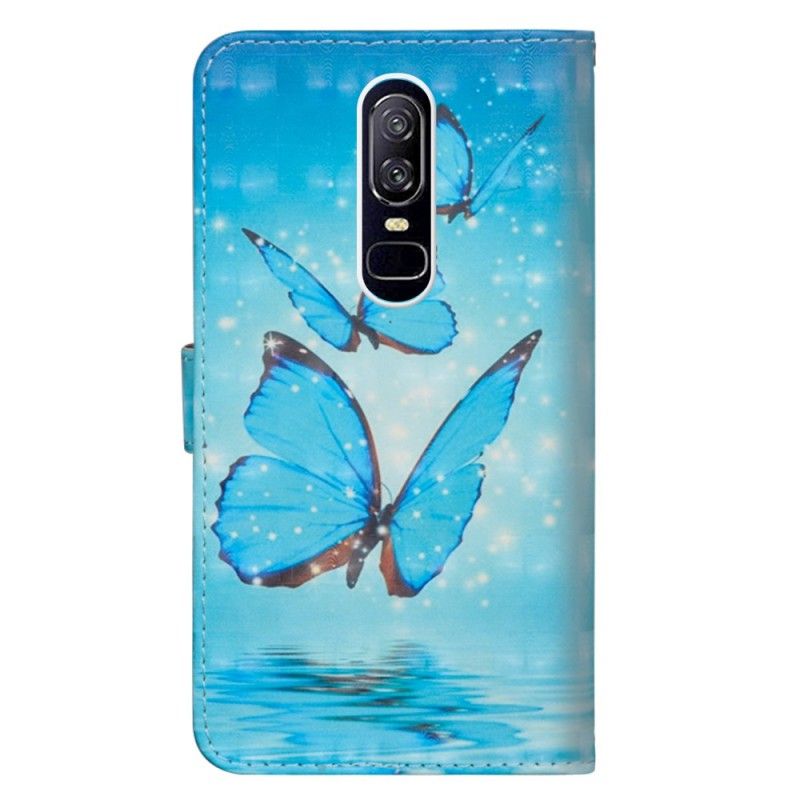 Cover Folio-hoesje OnePlus 6 Telefoonhoesje Vliegende Blauwe Vlinders