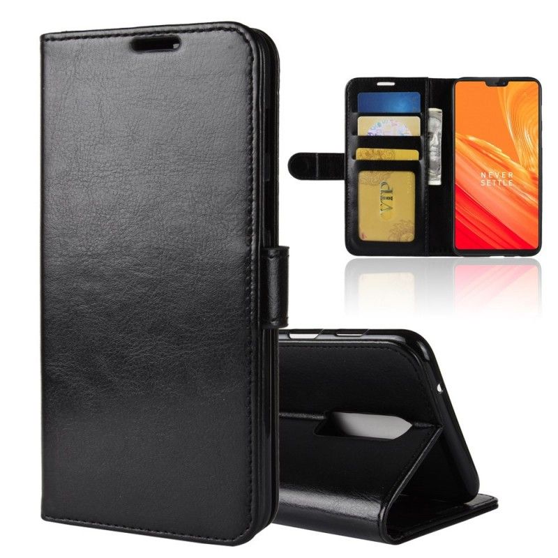 Flip Case Leren OnePlus 6 Wit Zwart Leereffect