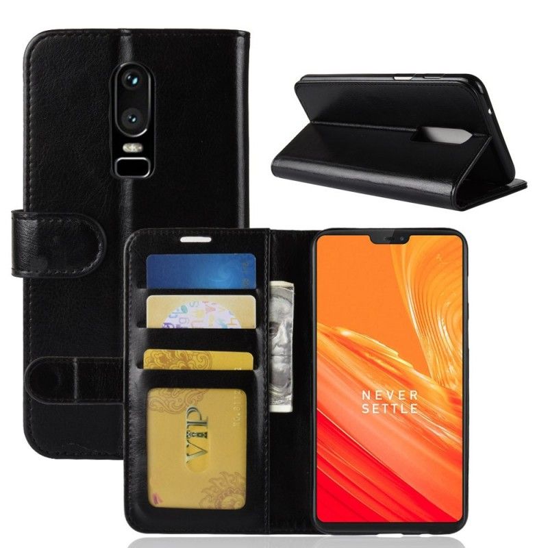 Flip Case Leren OnePlus 6 Wit Zwart Leereffect