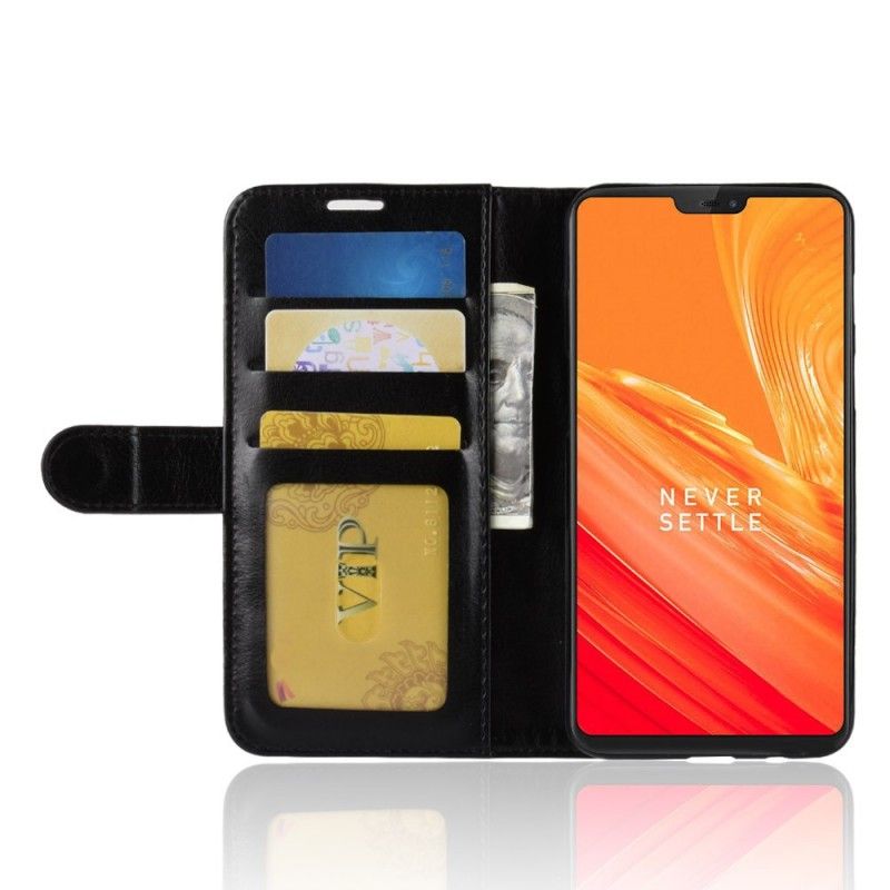 Flip Case Leren OnePlus 6 Wit Zwart Leereffect