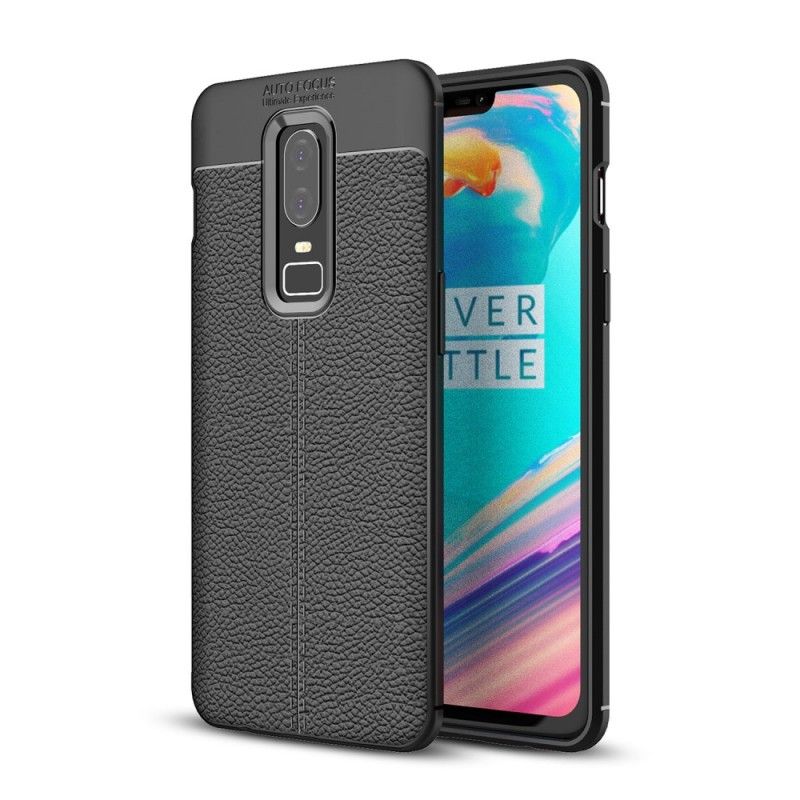 Hoesje OnePlus 6 Grijs Zwart Dubbellijns Lychee Leereffect