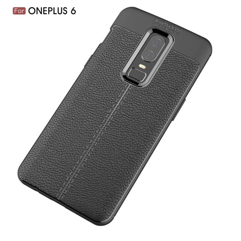 Hoesje OnePlus 6 Grijs Zwart Dubbellijns Lychee Leereffect