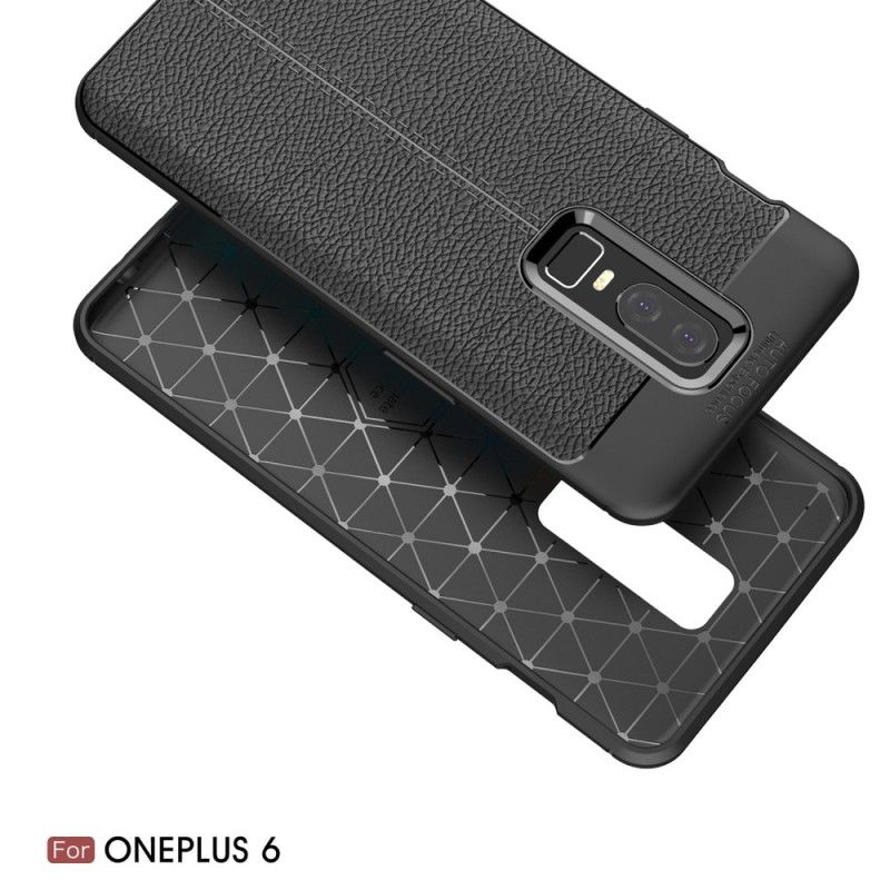 Hoesje OnePlus 6 Grijs Zwart Dubbellijns Lychee Leereffect
