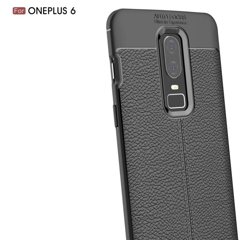 Hoesje OnePlus 6 Grijs Zwart Dubbellijns Lychee Leereffect
