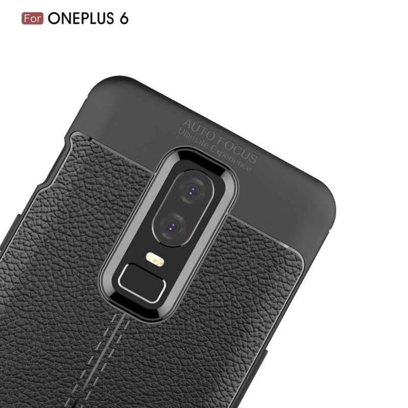 Hoesje OnePlus 6 Grijs Zwart Dubbellijns Lychee Leereffect