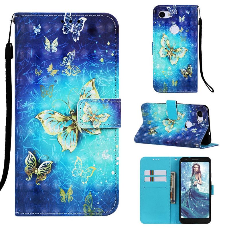Leren Hoesje voor Google Pixel 3A XL 1001 Gouden String Vlinders