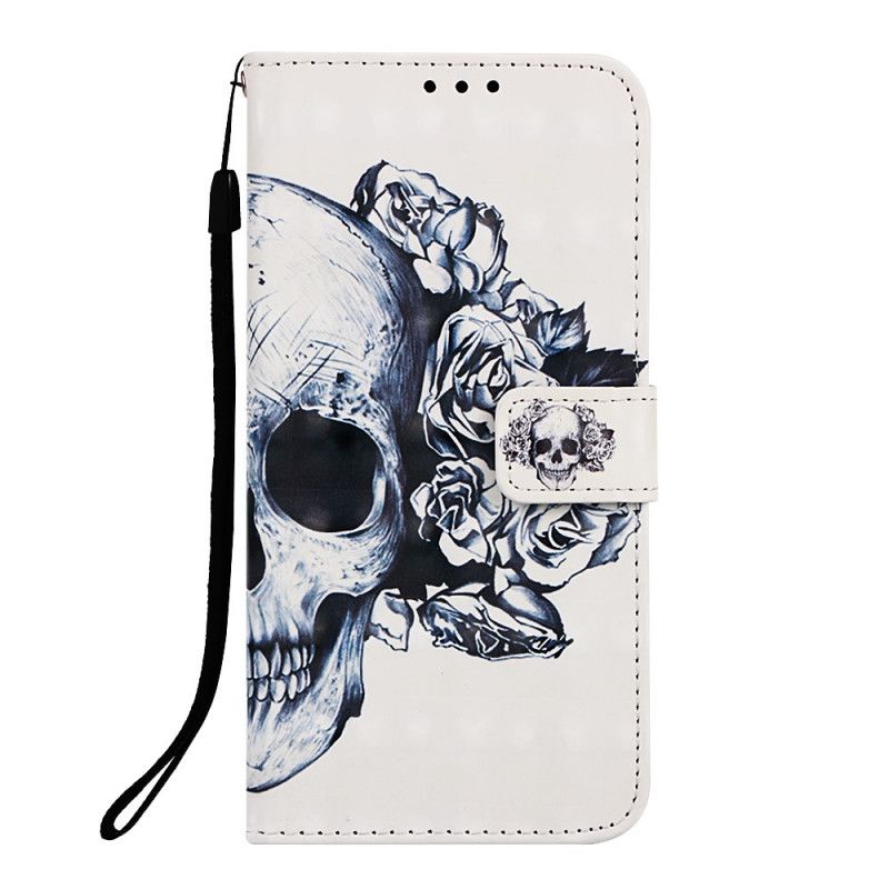 Leren Hoesje voor Google Pixel 3A XL Donkerblauw Wit Gebloemde Schedel