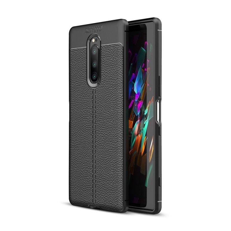 Hoesje Sony Xperia 1 Grijs Zwart Dubbellijns Lychee Leereffect