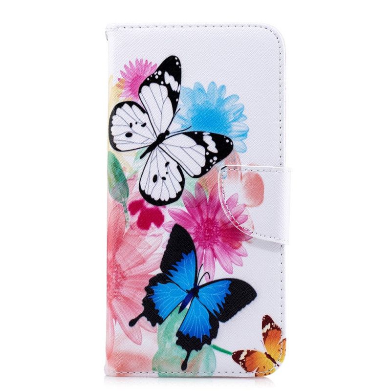 Leren Hoesje Xiaomi Redmi Note 5 Lichtblauw Magenta Geschilderde Vlinders En Bloemen