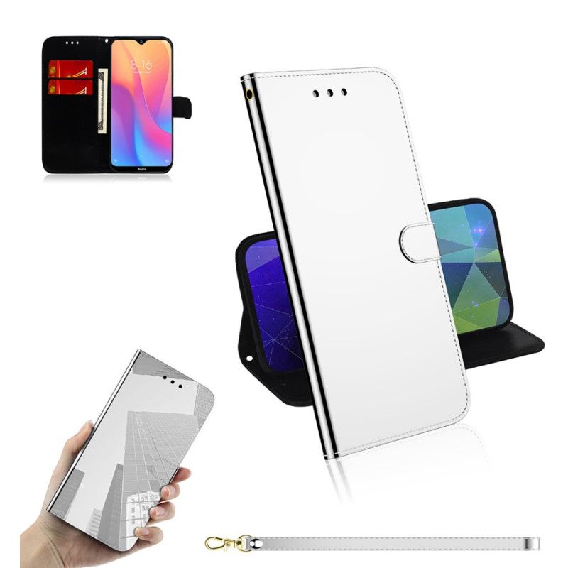 Leren Hoesje Xiaomi Redmi 8A Wit Zwart Kunstlederen Spiegelkap
