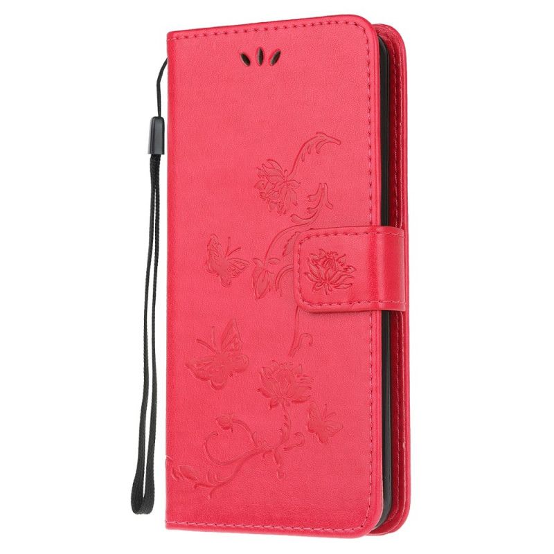 Flip Case Leren Samsung Galaxy A72 4G / A72 5G Grijs Zwart Vlinders En Stringbloemen