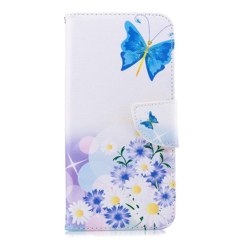 Flip Case Leren Huawei Mate 20 Pro Lichtblauw Magenta Geschilderde Vlinders En Bloemen