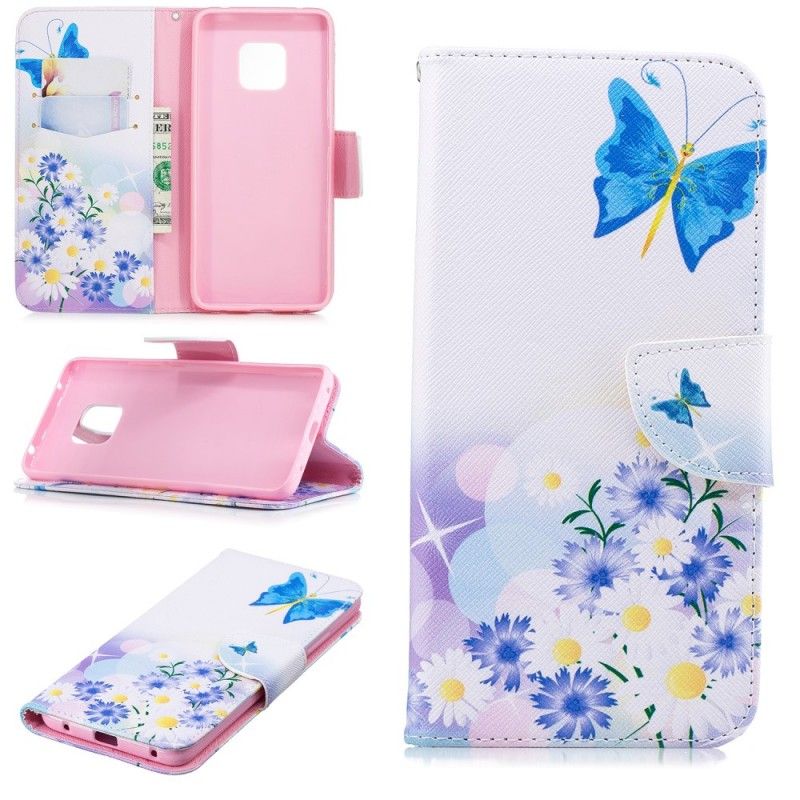 Flip Case Leren Huawei Mate 20 Pro Lichtblauw Magenta Geschilderde Vlinders En Bloemen