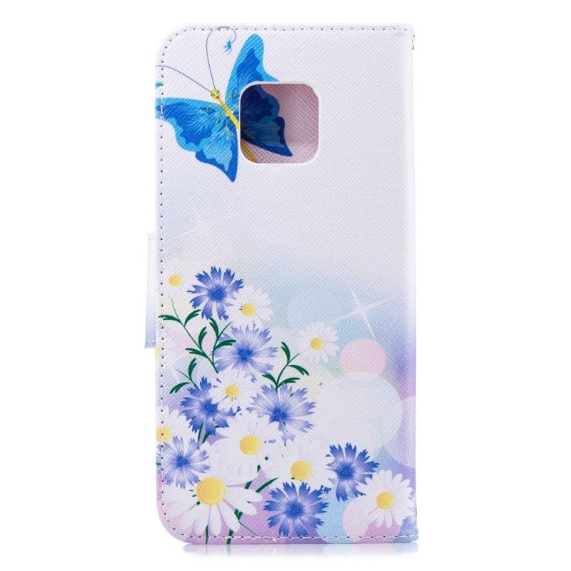 Flip Case Leren Huawei Mate 20 Pro Lichtblauw Magenta Geschilderde Vlinders En Bloemen