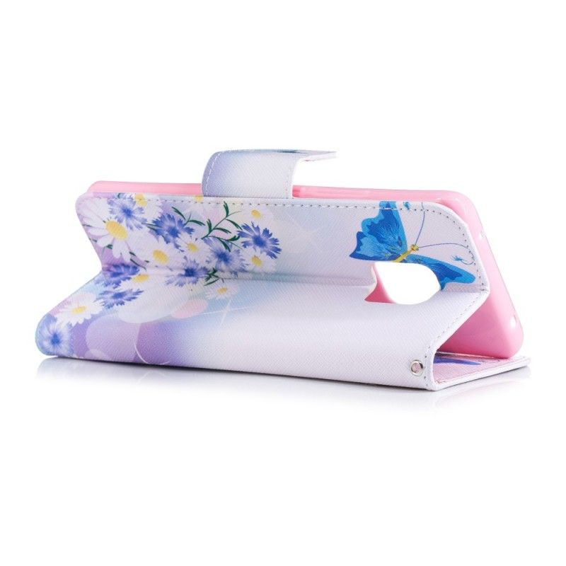 Flip Case Leren Huawei Mate 20 Pro Lichtblauw Magenta Geschilderde Vlinders En Bloemen