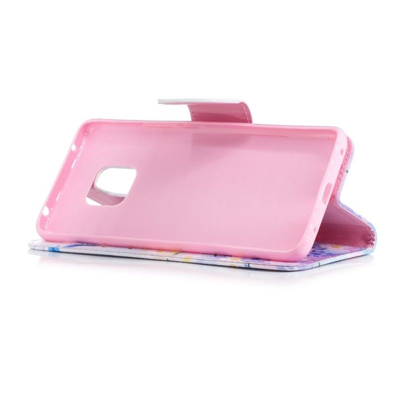 Flip Case Leren Huawei Mate 20 Pro Lichtblauw Magenta Geschilderde Vlinders En Bloemen