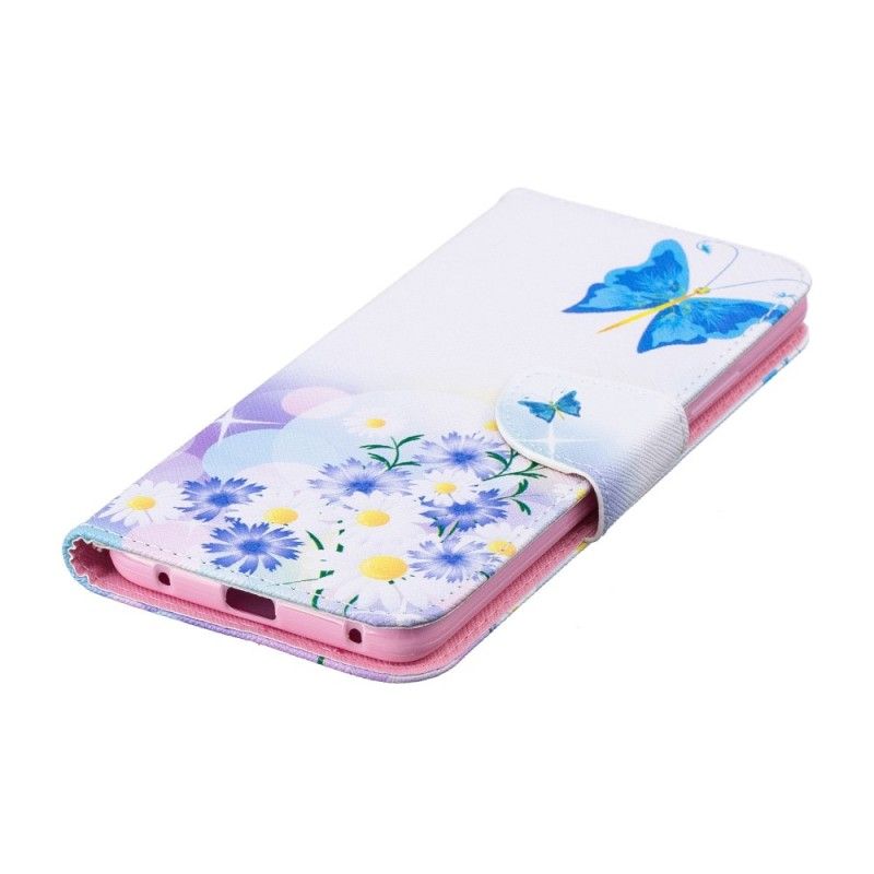 Flip Case Leren Huawei Mate 20 Pro Lichtblauw Magenta Geschilderde Vlinders En Bloemen