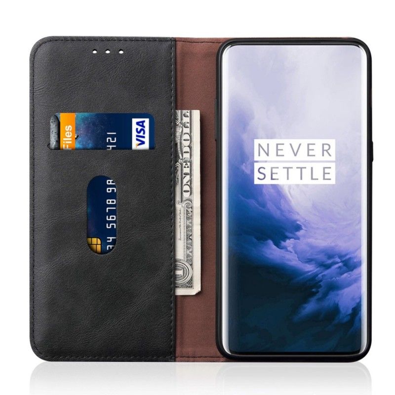 Folio-hoesje OnePlus 7 Pro Bruin Zwart Telefoonhoesje Gestikt Leereffect