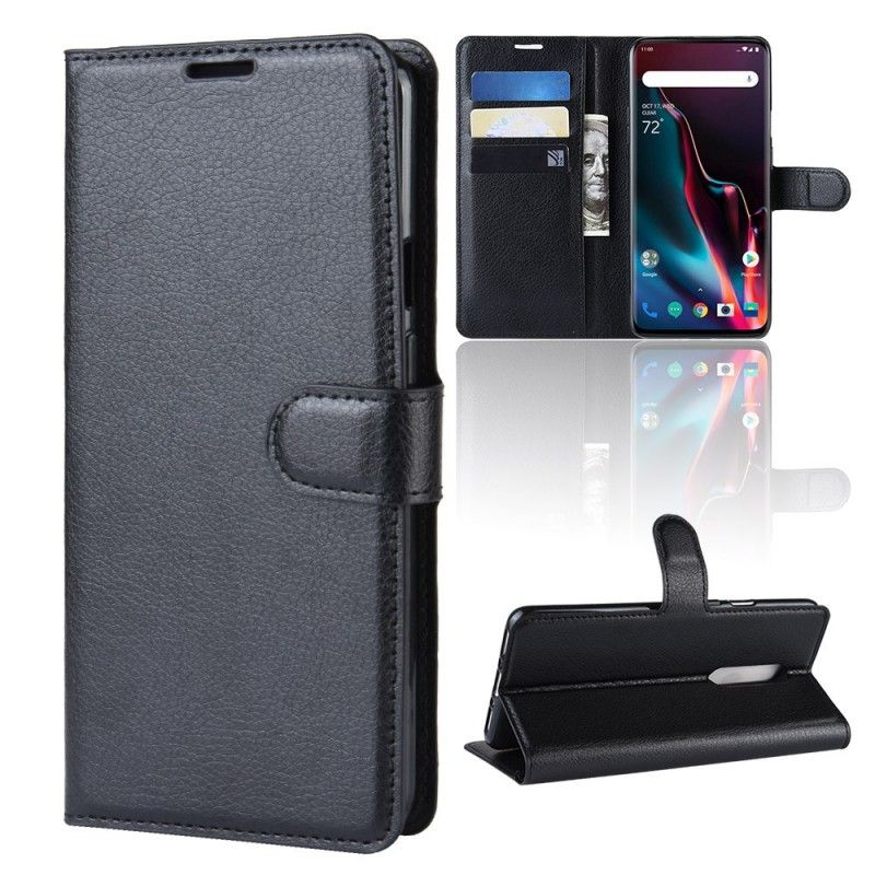 Leren Hoesje voor OnePlus 7 Pro Wit Zwart Retro Lychee