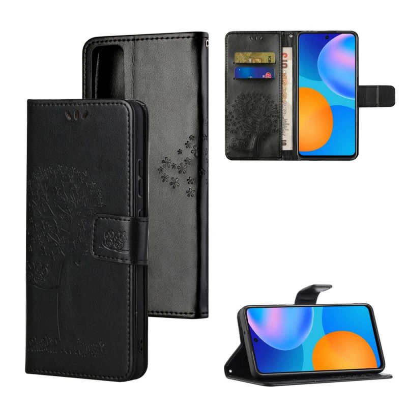 Leren Hoesje voor Honor 10X Lite Grijs Zwart Boom En String Uilen
