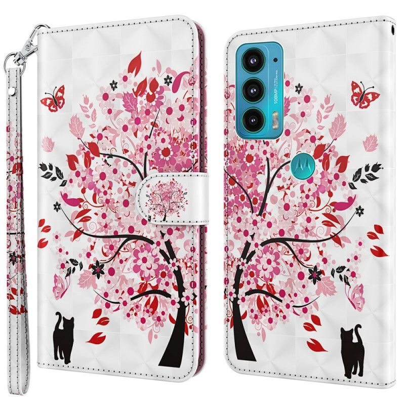 Flip Case Leren Moto E20 / E30 / E40 Roze Boom En Zwarte Kat