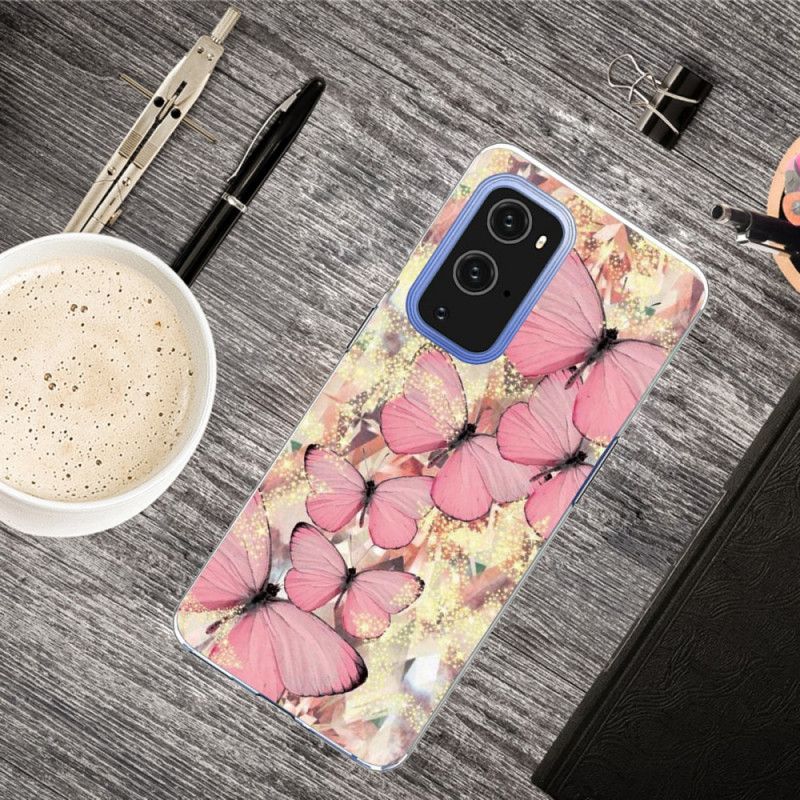 Hoesje voor OnePlus 9 Pro Paars Roze Vlinders Vlinders