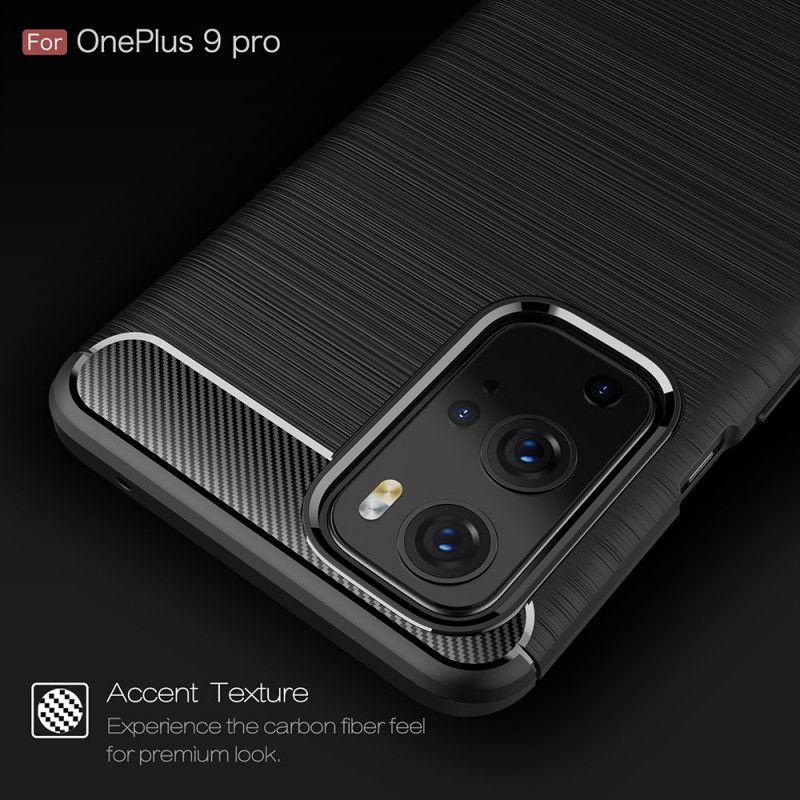Hoesje voor OnePlus 9 Pro Rood Zwart Geborsteld Koolstofvezel