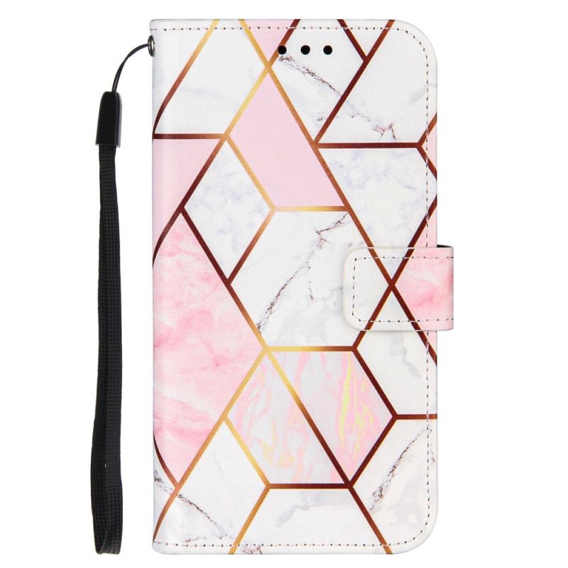 Leren Hoesje OnePlus 9 Pro Donkerblauw Roze Geometrisch Marmer Met Riem