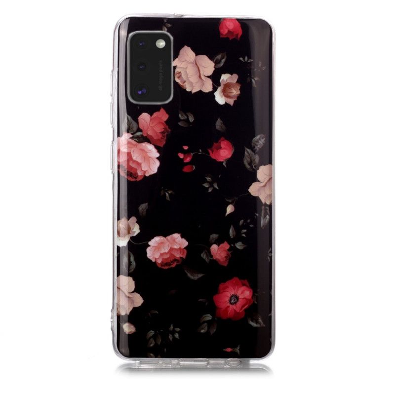 Case Hoesje Samsung Galaxy A41 Rood Zwart Telefoonhoesje Fluorescerende Bloemenreeks