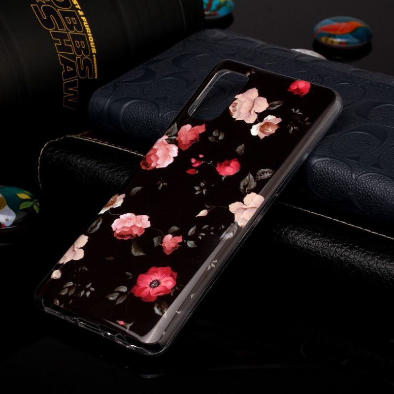 Case Hoesje Samsung Galaxy A41 Rood Zwart Telefoonhoesje Fluorescerende Bloemenreeks