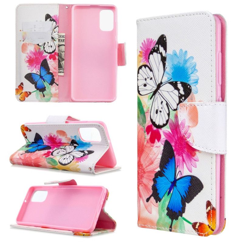 Cover Folio-hoesje Samsung Galaxy A41 Lichtblauw Magenta Telefoonhoesje Geschilderde Vlinders En Bloemen
