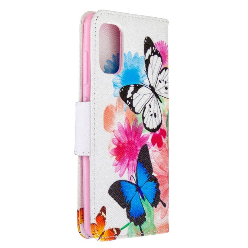 Cover Folio-hoesje Samsung Galaxy A41 Lichtblauw Magenta Telefoonhoesje Geschilderde Vlinders En Bloemen
