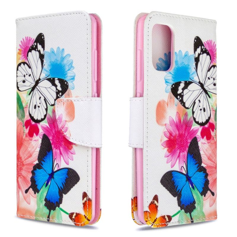 Cover Folio-hoesje Samsung Galaxy A41 Lichtblauw Magenta Telefoonhoesje Geschilderde Vlinders En Bloemen