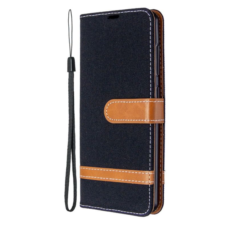 Flip Case Leren Samsung Galaxy A41 Grijs Zwart Stof En Leereffect Met Riem