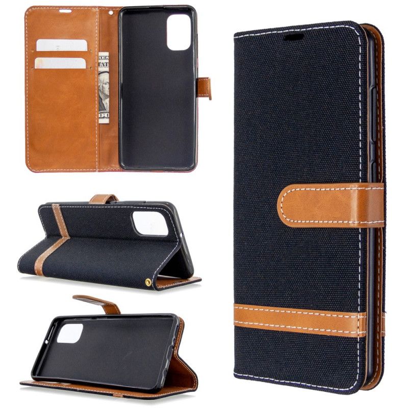 Flip Case Leren Samsung Galaxy A41 Grijs Zwart Stof En Leereffect Met Riem