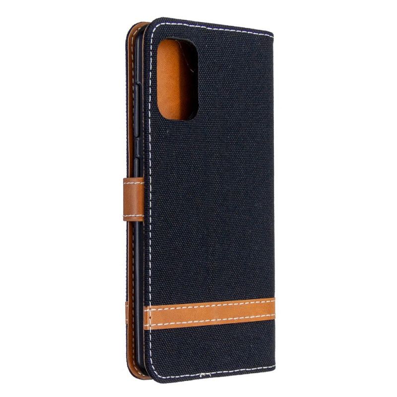 Flip Case Leren Samsung Galaxy A41 Grijs Zwart Stof En Leereffect Met Riem