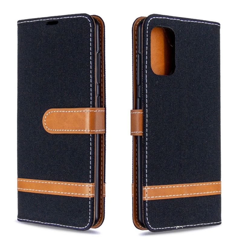 Flip Case Leren Samsung Galaxy A41 Grijs Zwart Stof En Leereffect Met Riem