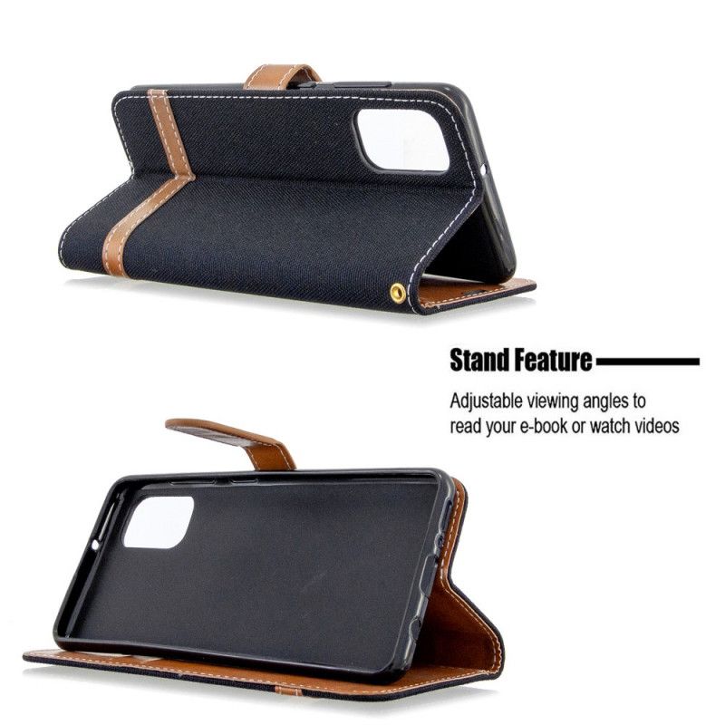 Flip Case Leren Samsung Galaxy A41 Grijs Zwart Stof En Leereffect Met Riem