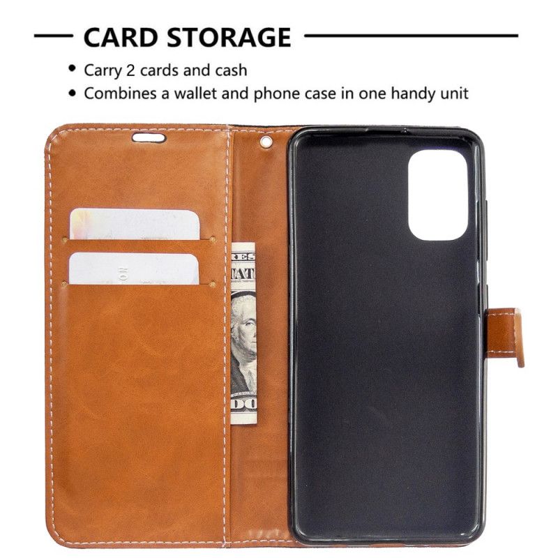 Flip Case Leren Samsung Galaxy A41 Grijs Zwart Stof En Leereffect Met Riem