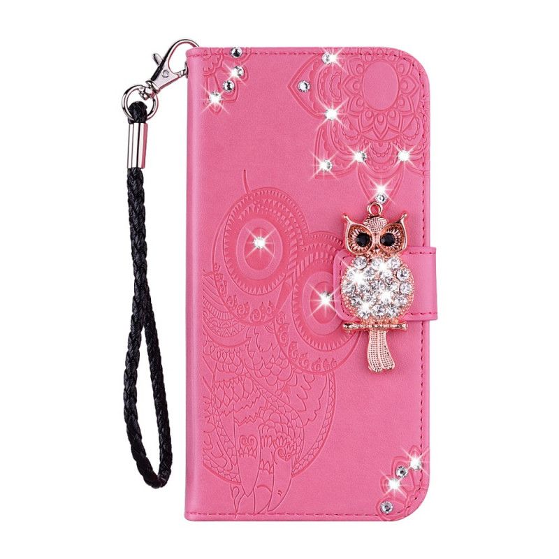 Flip Case Leren Samsung Galaxy A41 Rood Grijs Uil Mandala En Bedel