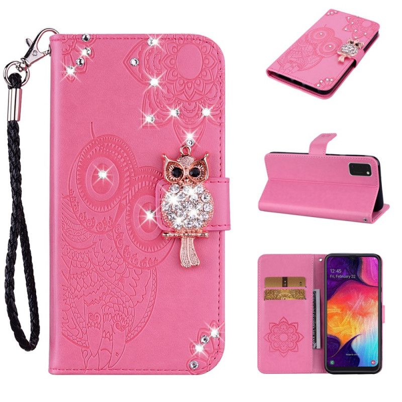 Flip Case Leren Samsung Galaxy A41 Rood Grijs Uil Mandala En Bedel