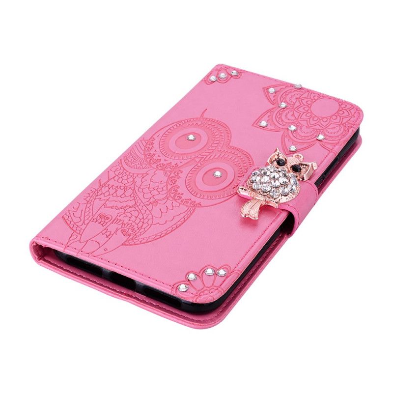 Flip Case Leren Samsung Galaxy A41 Rood Grijs Uil Mandala En Bedel